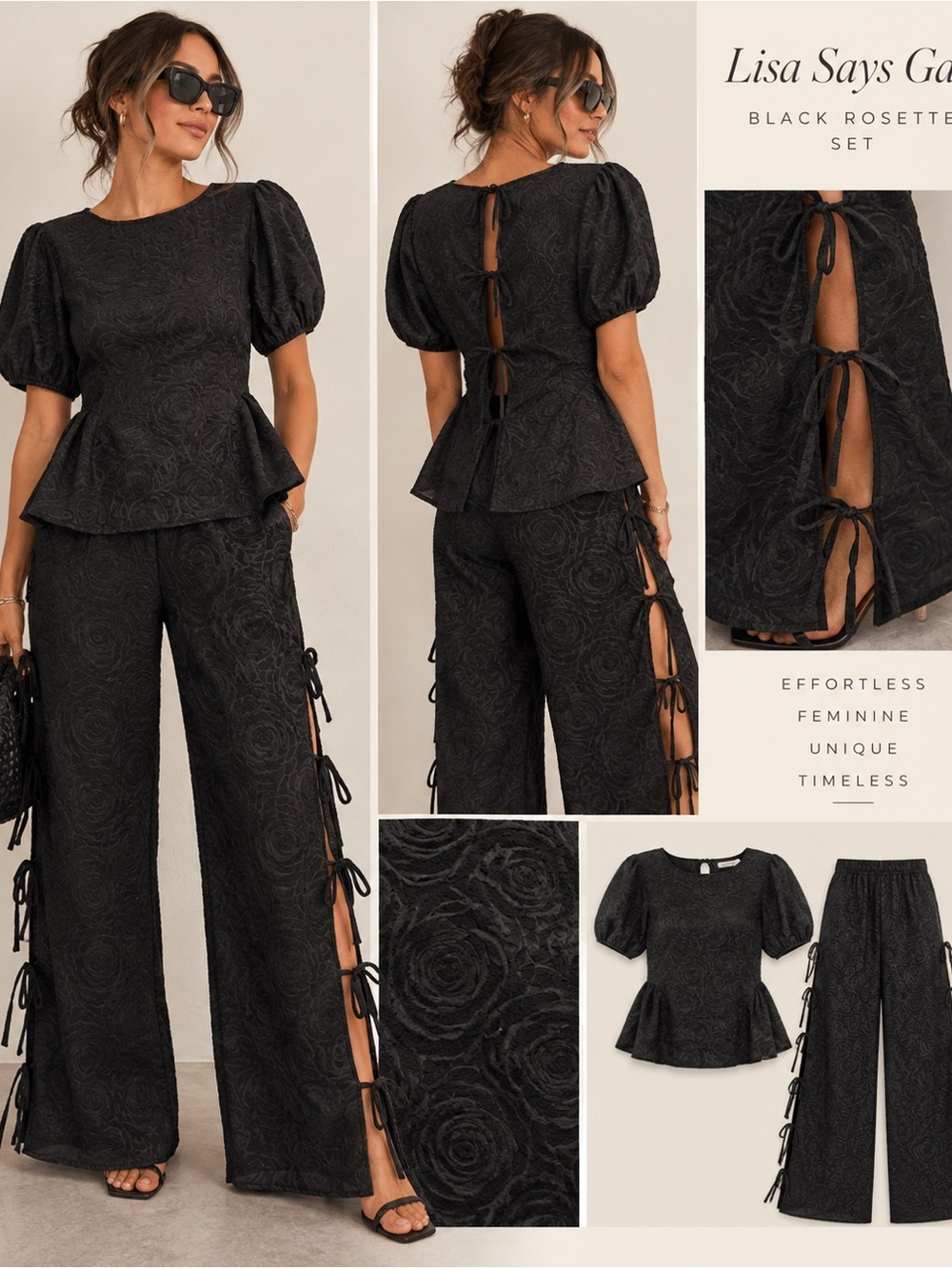 NWT Lisa Says Gah Black Rosette Petra Top Evelyn Tie Pants Set S/M
